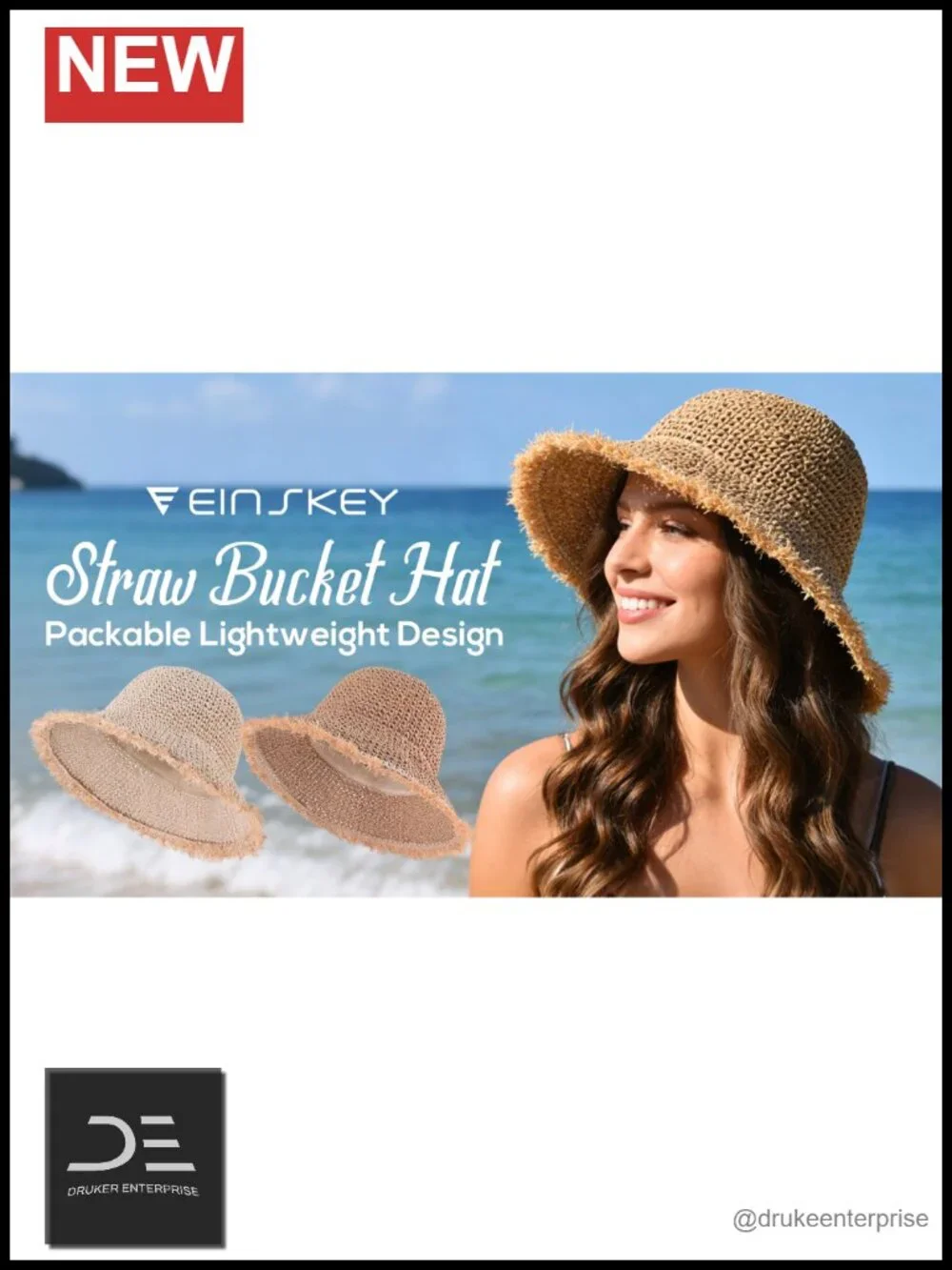 Straw Bucket Sun Hat, Packable Floppy Wide Brim Beach Hat with Adjustable
